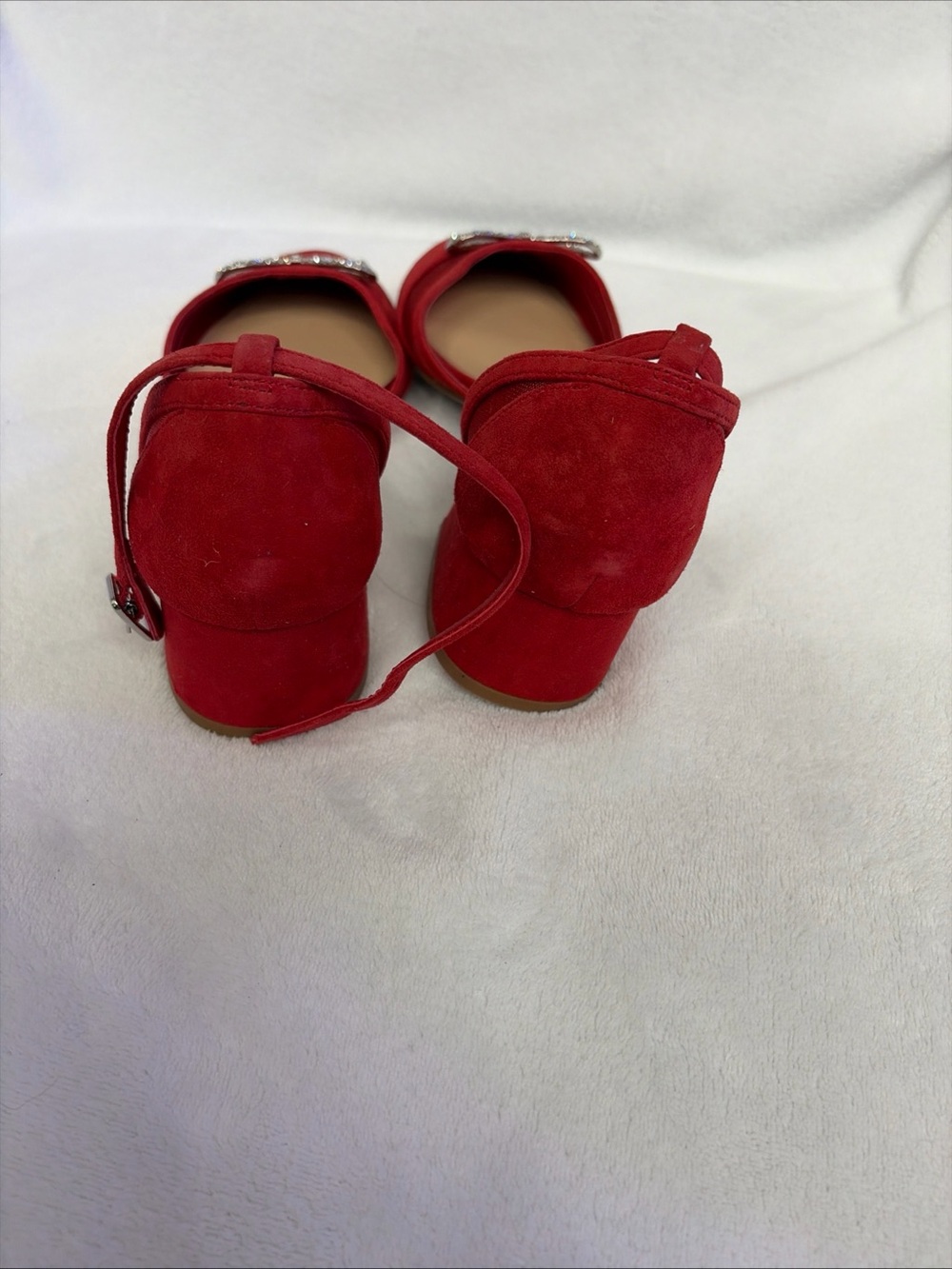 Copper Key Red Suede Pointed-Toe Ankle-Strap Heels with Rhinestone Bow - Picture 5 of 7